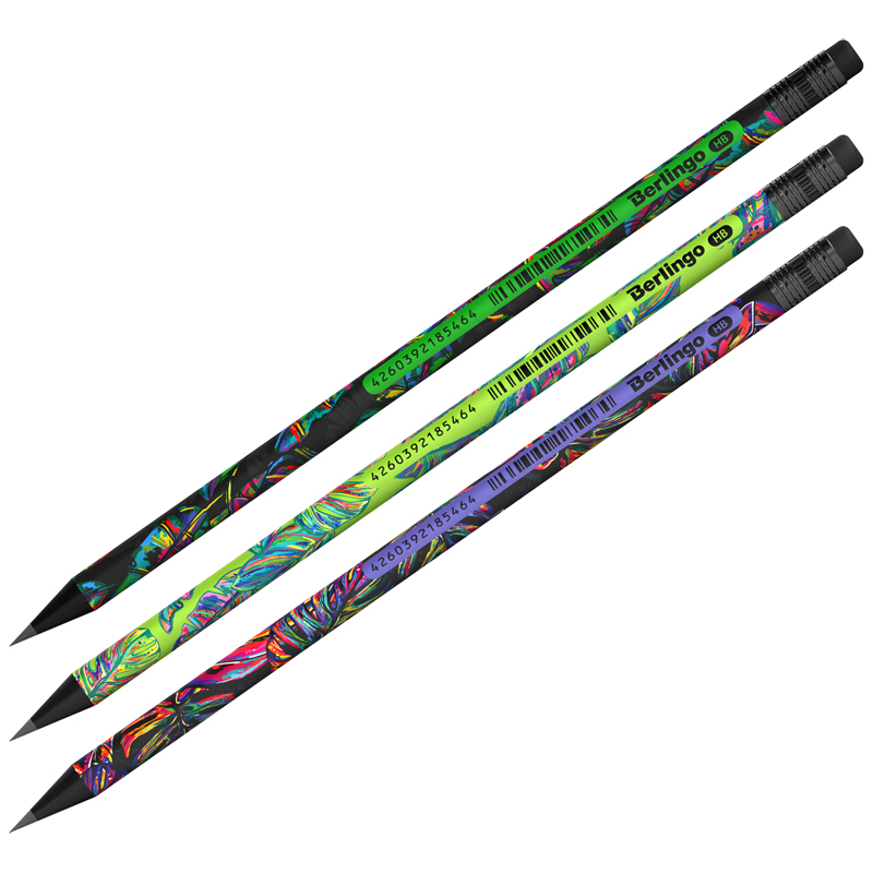 Карандаш чернографитный HB круглый деревянный с ластиком "Berlingo" Neon paradise BP01308