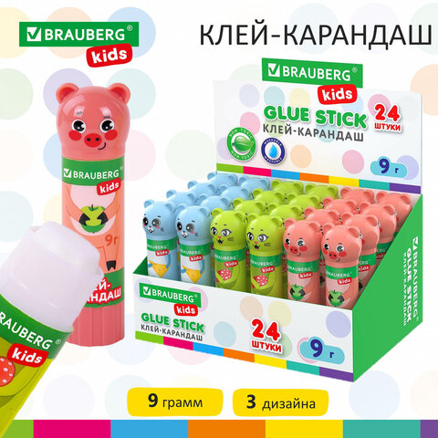 Клей-карандаш 9гр, белый, без индикатора "Brauberg" Пастельные зверята 271138