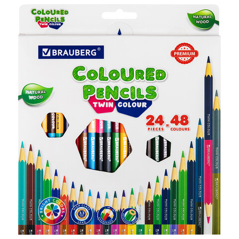Карандаши цветные 48 цветов деревянные шестигранные "Brauberg" Premium twin colour 181875