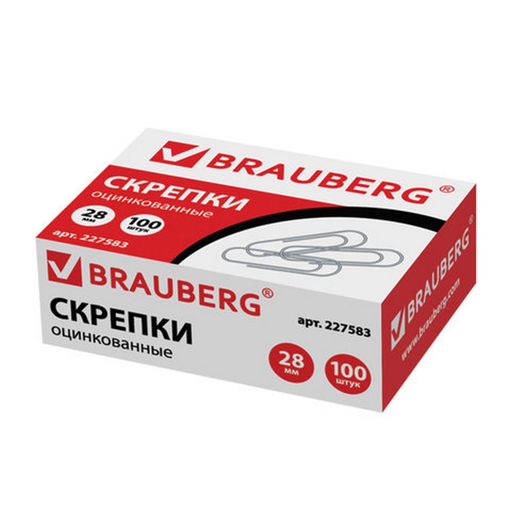 Скрепки 28мм овальные, оцинкованные, ровные, 100шт "Brauberg" 227583