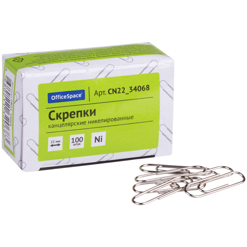 Скрепки 22мм овальные, оцинкованные, ровные, 100шт "Office Space" CN22_34068