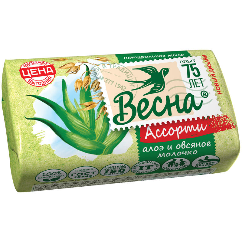 Мыло кусковое "Весна" Ассорти алоэ и овсяное молочко, 90гр 11415
