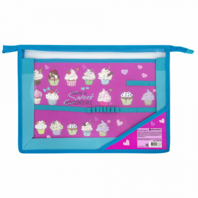 Папка для уроков труда А4 2 отделения, на молнии, синяя "Brauberg" Cup cakes 229134