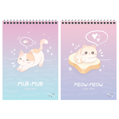 Блокнот А5 60 листов на спирали, в клетку, картон+обложка ПВХ "Meshu" Cute kitty 55025