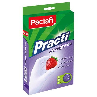 Перчатки для уборки "Paclan" 10шт, L, виниловые, белые 88345
