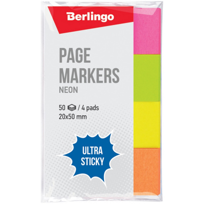 Закладки самоклеящиеся бумажные 20*50мм 50x4*4 цвета "Berlingo" Ultra Sticky LSz_41002