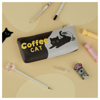 Пенал мягкий косметичка, черный/ с рисунком "Meshu" Coffee cat MS_57818